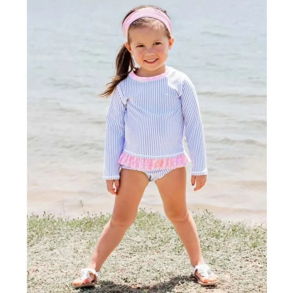 RuffleButts Toddler Girls Periwinkle Seersucker Long Sleeve Rash Guard Bikini Si